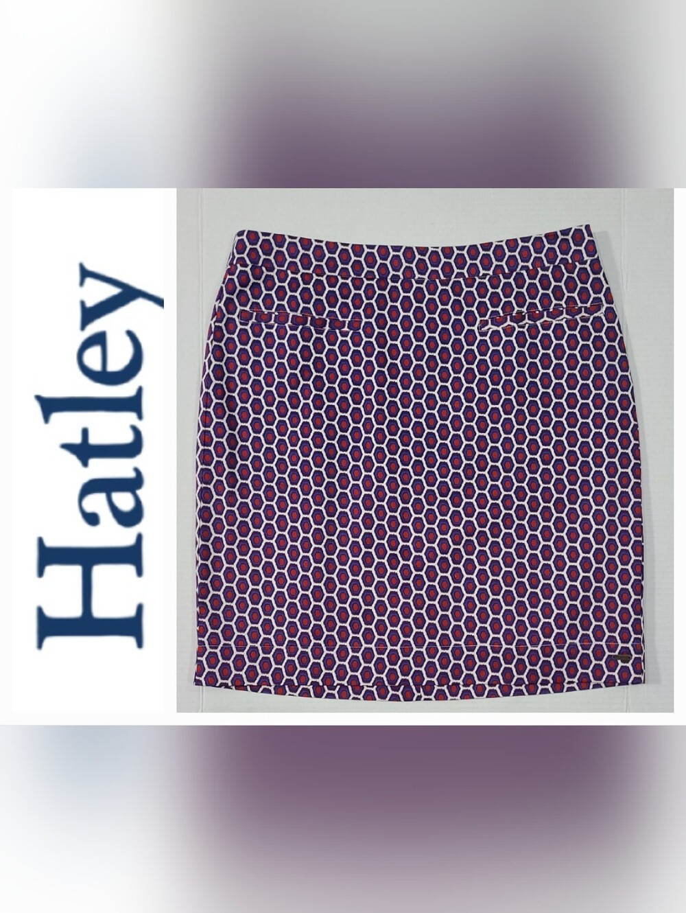 Hatley Cotton Pencil Skirt Exposed Back Zipper Royal Hexagon Print Sz 10 NWT